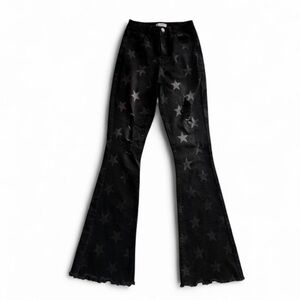 YMI Black Star Print Flare Jeans Distressed Raw Hem